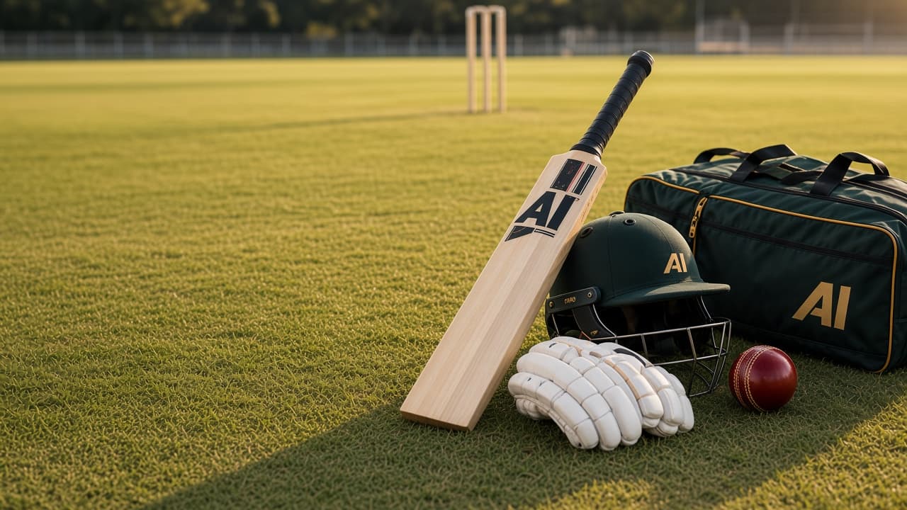 Match-grade cricket bat, helmet, gloves and kit bag on the outfield