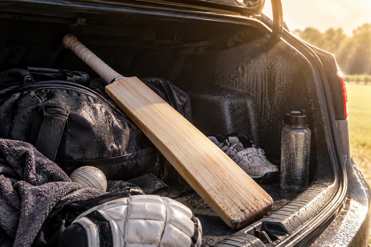 Cricket bat left in a hot sunlit car boot beside a damp kit bag
