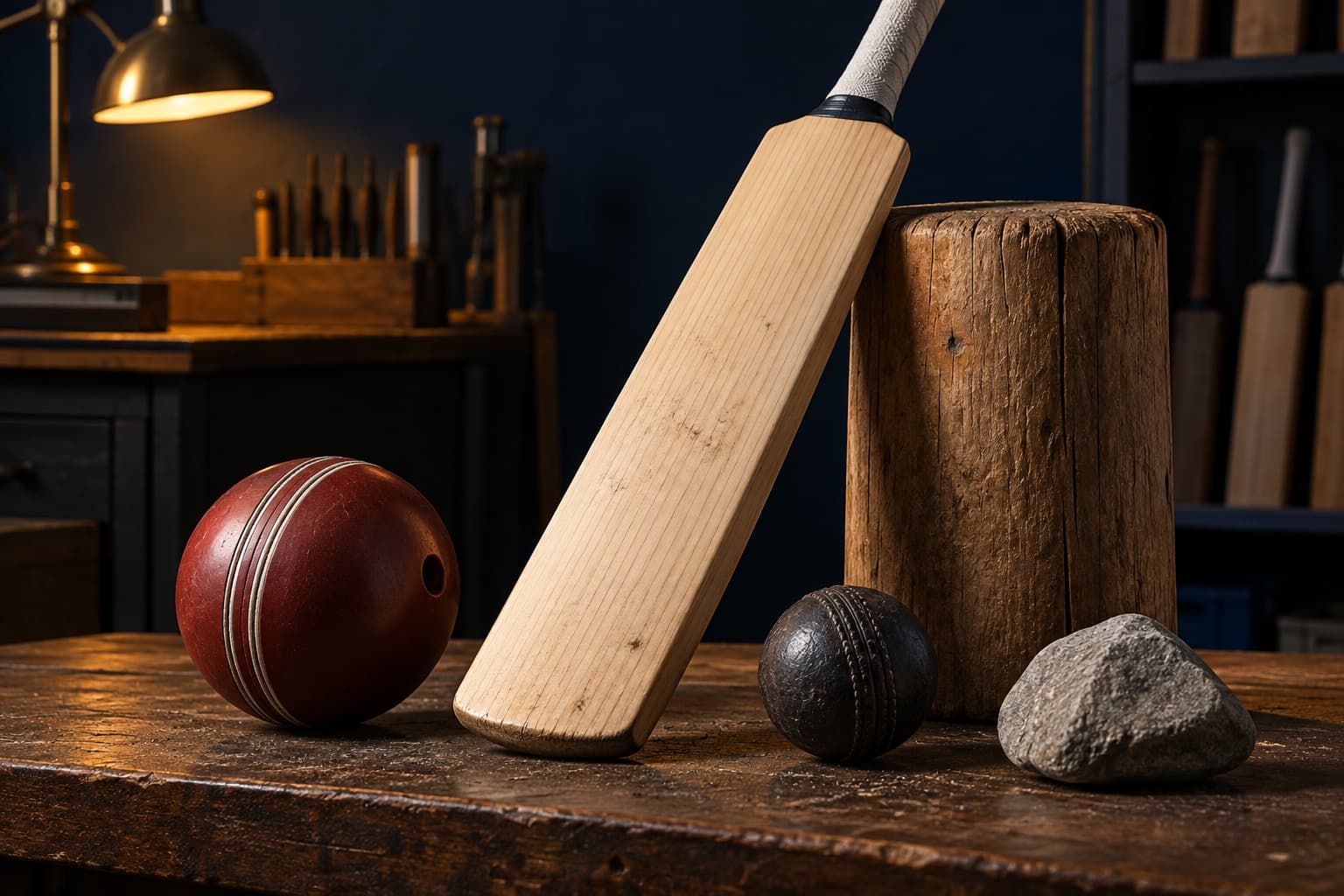 Cricket bat beside a bowling machine ball, stone, and wooden stump in a workshop