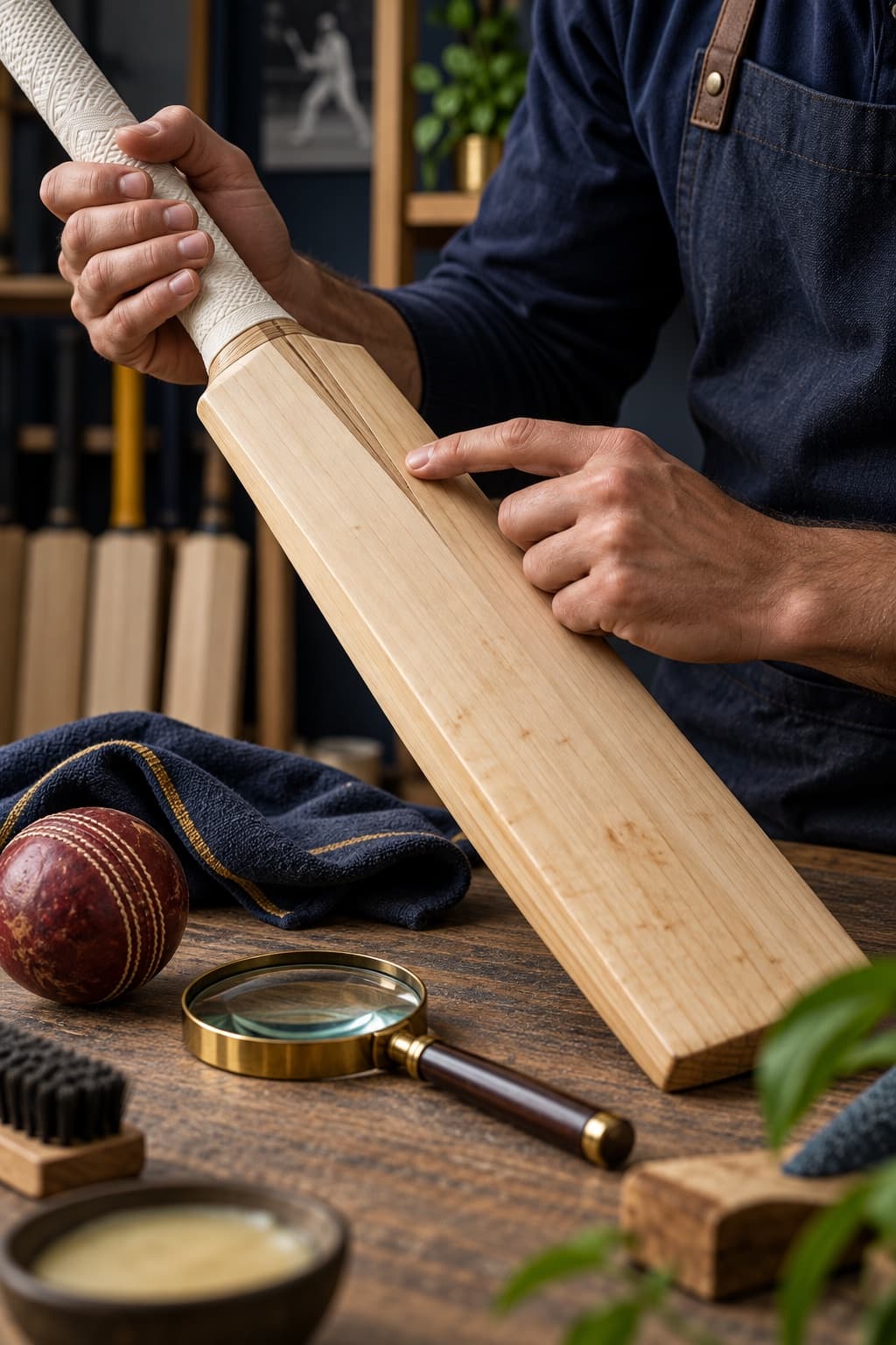 Hands inspecting the splice and face of a natural willow cricket bat with a magnifying glass nearby