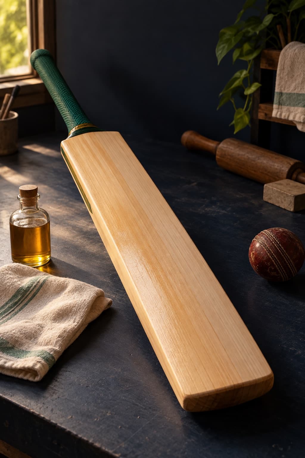 Natural willow cricket bat with oil, cloth, roller, and an older cricket ball on a workshop bench