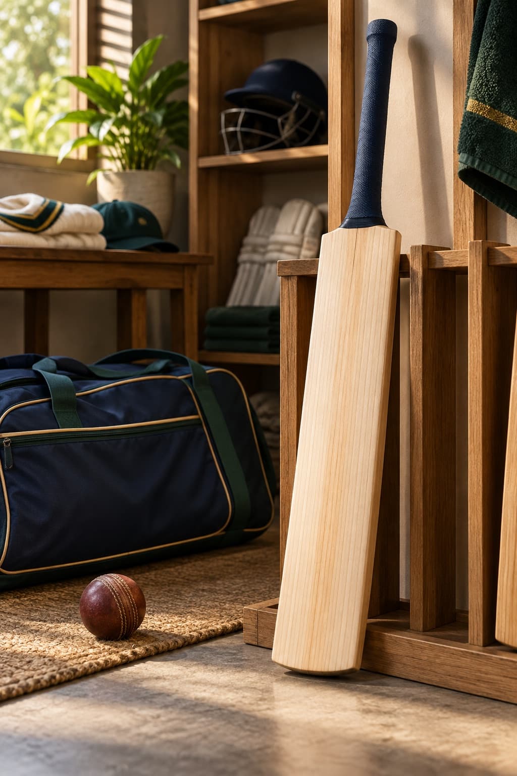 Natural willow cricket bat stored upright in a dry, ventilated equipment room