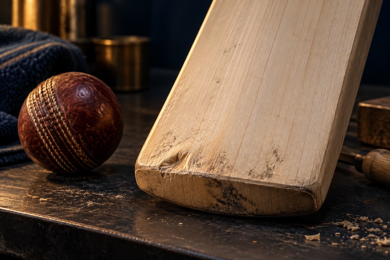 Close-up of a cricket bat toe with a realistic scuff and compression mark from repeated impact